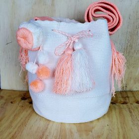 Bag with Flower, Pompoms and Tassels . White Off-White Base